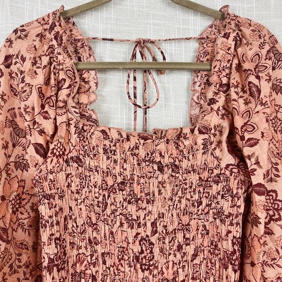 Free People Smock To Me Puff Sleeve Ruched Apricot Pink Floral Mini Dress Small - Picture 3 of 7